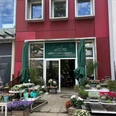 anneshollaender.jpg Außenbereich eines Blumengeschäfts mit roter Fassade. Vor der Eingang stehen rechts links niedrige Regale mit frischen, bunten Pflanzen.