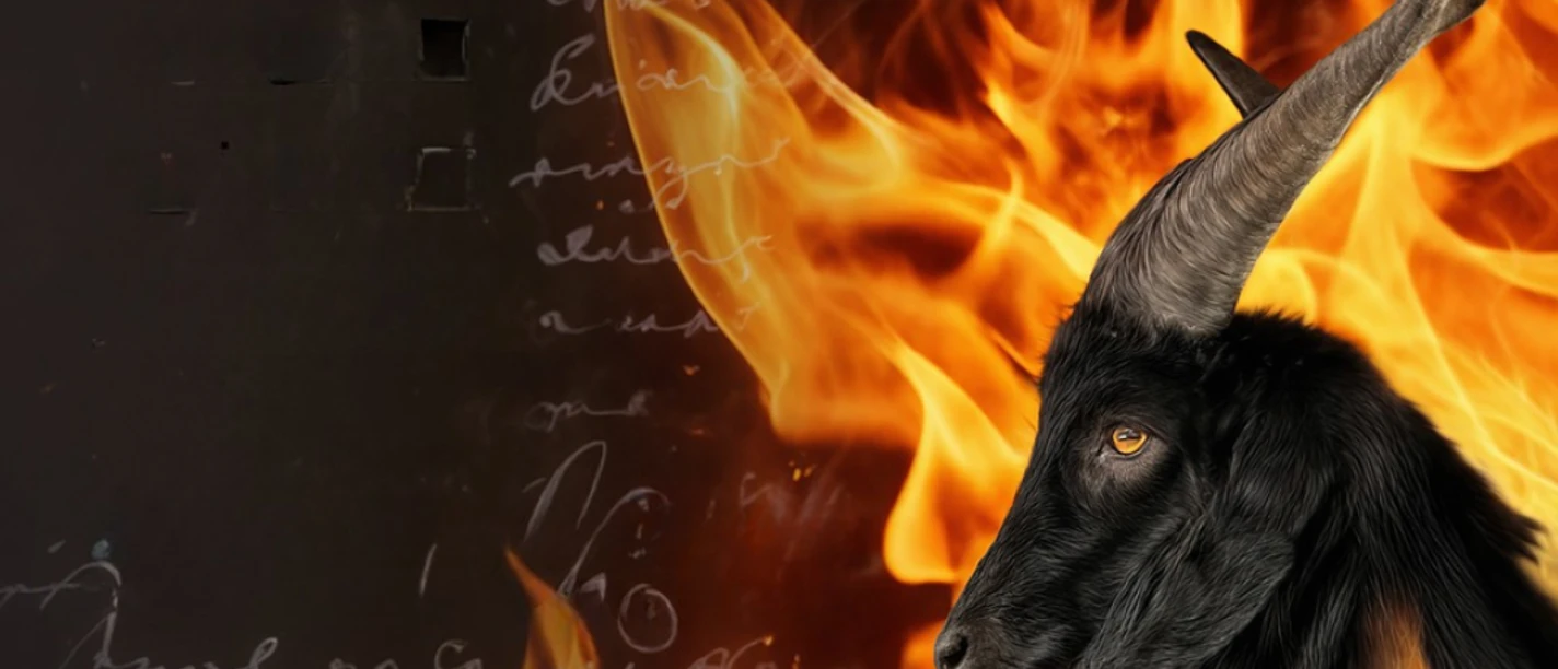 Bild ohne Text Staatsbad.png Ein schwarzer Ziegenkopf mit langen Hörnern vor flackernden Flammen, umgeben von Schriftfragmenten.
