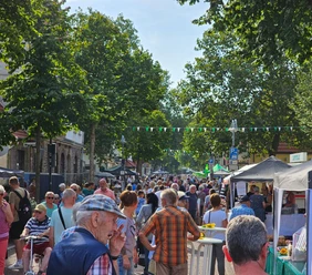 Altstadtfest Petershagen.jpg Besucher flanieren auf einem belebten Straßenfest mit bunten Ständen und Bäumen bei sonnigem Wetter.