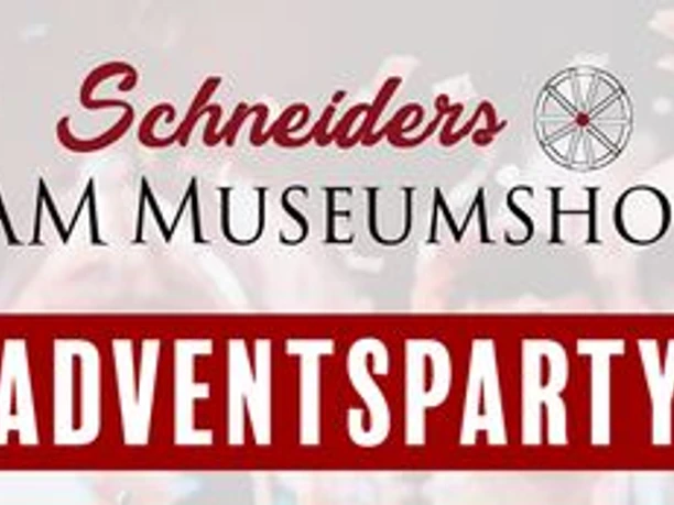 Schneiders Adventsparty am Museumshof: Einladendes Logo auf weißem Hintergrund mit Schriftzug.