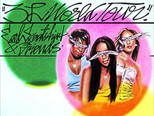 Drei Personen in bunter Kleidung mit Sonnenbrillen und Schriftzug "3R World Tour" im Hintergrund.