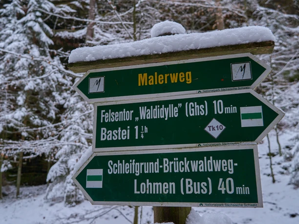 Wegweiser im Schnee mit Richtungen: Malerweg, Felsentor, Schleifgrund und Lohmen.