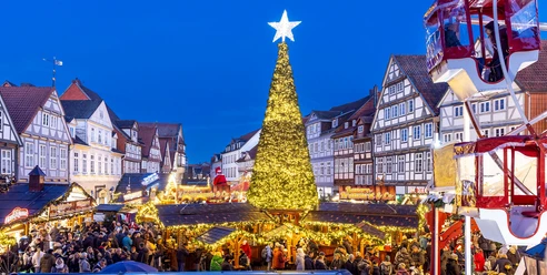 Christmas market in Celle: A glowing Christmas tree, surrounded by half-timbered houses and crowds of people.