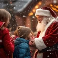 Weihnachtsmann Mittendrin im winterlichen Treiben erfreut der Weihnachtsmann Kinder mit Geschenken. Schneeflocken tanzen.In the midst of the winter hustle and bustle, Santa Claus delights children with presents. Snowflakes dance.Midt i vinterens travlhed glæder julemanden børnene med gaver. Snefnuggene danser.Te midden van de winterse drukte verblijdt de kerstman kinderen met cadeautjes. Sneeuwvlokken dansen.