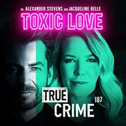 Ein geteiltes Porträt eines Mannes und einer Frau, bunt beleuchtet, mit "Toxic Love - True Crime".