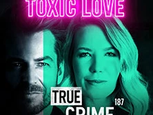 Ein geteiltes Porträt eines Mannes und einer Frau, bunt beleuchtet, mit "Toxic Love - True Crime".