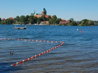 Blick auf Dominsel_ Badestelle Bäk Blick auf den Ratzeburger See mit roten Bojen im Vordergrund und Ratzeburg mit Dom im Hintergrund.