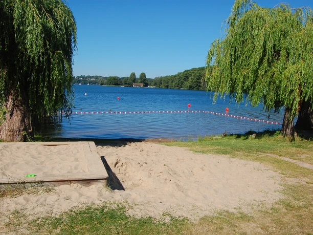 Badestelle Bäk Ein sandiger Uferbereich mit zwei herabhängenden Weidenbäumen am Seeufer und klarem blauen Himmel.