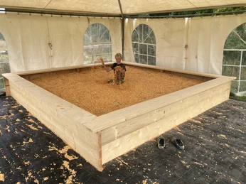 Maislabyrinth Hünfelden Maisbad In einem weißen Zelt steht ein mit Maiskörnern gefüllter Sandkasten in dem ein lachender Junge sitz, der Maiskörner in die Luft wirft