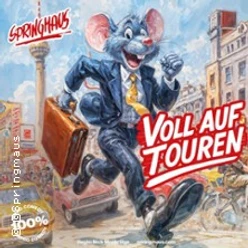 Eine anthropomorphe Maus in Anzug und Krawatte läuft mit einem Aktenkoffer durch eine belebte Stadt.