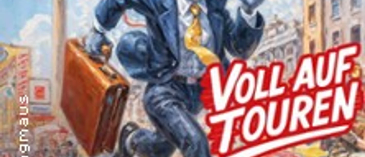 Eine anthropomorphe Maus in Anzug und Krawatte läuft mit einem Aktenkoffer durch eine belebte Stadt.