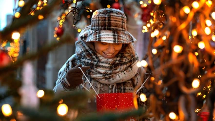 Eine junge Frau, warm eingepackt mit Schal und Hut, öffnet gespannt eine rote Geschenktüte.