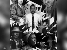 Eine schwarz-weiße Collage zeigt Musiker*innen, darunter Percussionist*innen und Sänger*innen in Aktion.