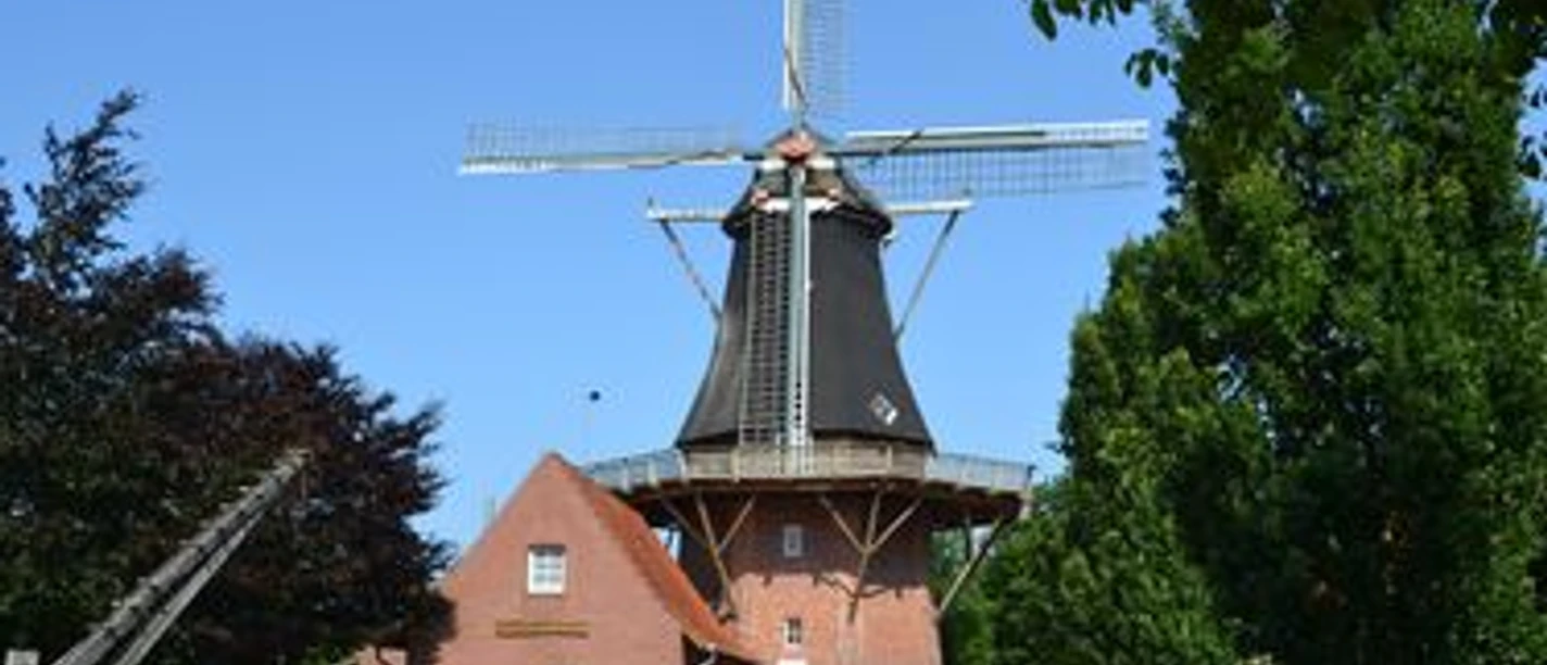 Historische Windmühle in Werlte mit rotem Backsteinhaus, flankiert von Bäumen unter blauem Himmel.