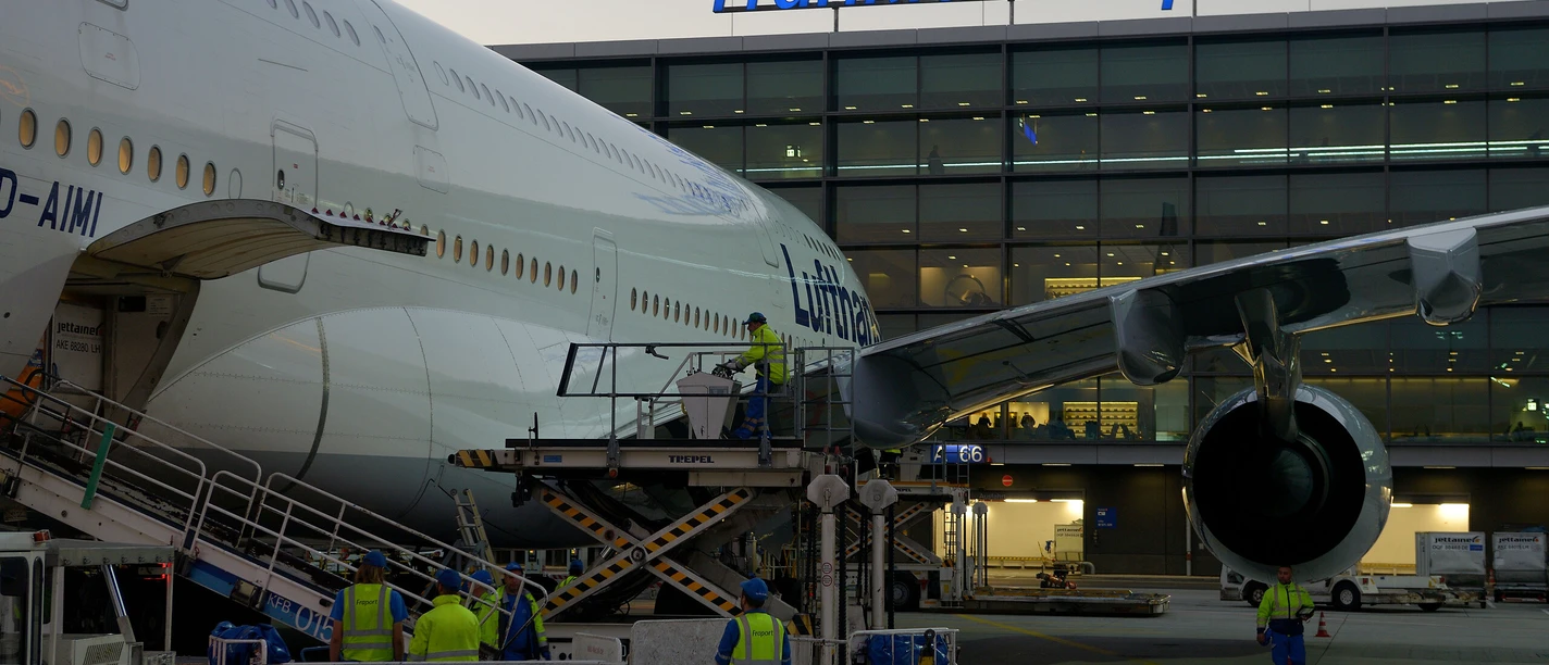 Airport Experience Lufthansa aircraft being loaded at the terminal at Frankfurt Airport.