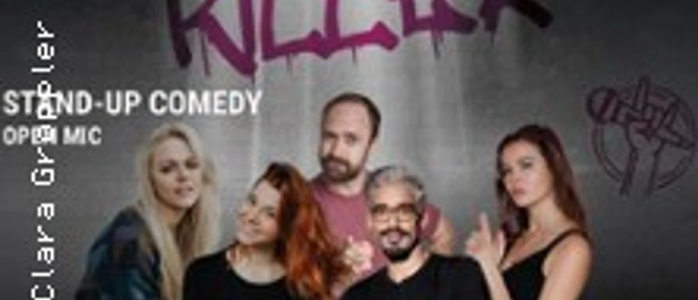 Fünf Personen vor grauer Wand mit pinkem Graffiti und Hinweis auf Stand-up-Comedy