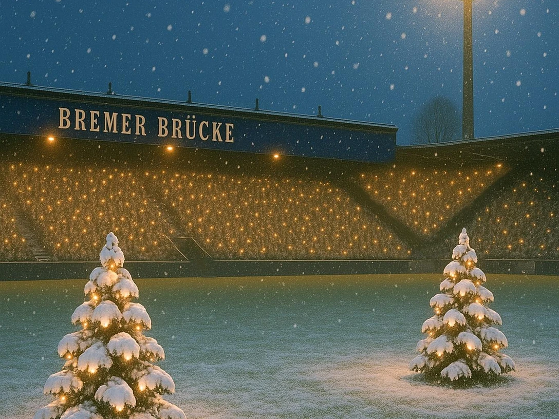 Weihnachtssingen_Bremer_Bruecke_Quadrat.jpg Schneebedecktes Fußballstadion bei Nacht, beleuchtet durch Flutlicht, prägt weihnachtliche Stimmung.Snow-covered soccer stadium at night, illuminated by floodlights, creates a Christmassy atmosphere.Een besneeuwd voetbalstadion bij nacht, verlicht door schijnwerpers, creëert een kerstsfeer.Et snedækket fodboldstadion om natten, oplyst af projektører, skaber en julestemning.