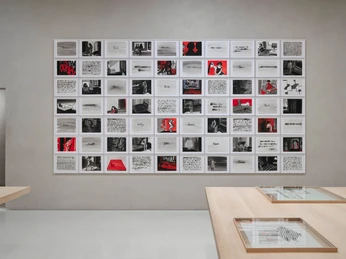 Monika Bartholomé Brenda, Lee and the others 2006 – 2008/2025, Tusche und Tempera auf Papier Eine moderne Galerie mit gerahmten Fotografien an einer grauen Wand. Vor der Wand stehen zwei Holztische mit Glasvitrinen, in denen Exponate präsentiert werden. Die Gesamtkomposition wirkt strukturiert und klar.A modern gallery with framed photographs on a gray wall. In front of the wall are two wooden tables with glass cabinets in which exhibits are displayed. The overall composition appears structured and clear.