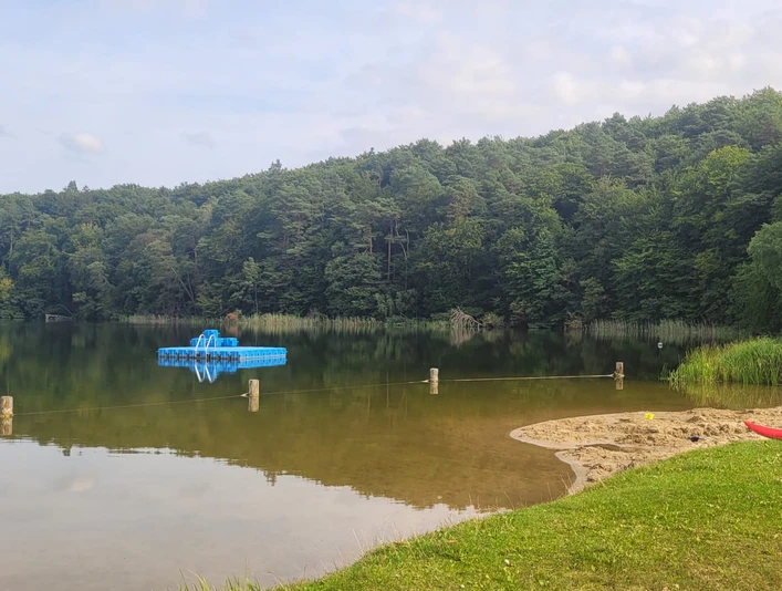 Badestelle am Lütauer See (Campingplatz) Klares Wasser mit Sandstrand und grüne Liegewiese am Lütauer See. Im Hintergrund grüne Bäume.