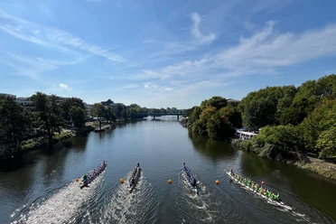 Drachenboot-Festival, Mülheim an der Ruhr Vier Drachenboot-Teams in rasanter Fahrt auf einem Fluss. Bäume säumen das Ufer.
