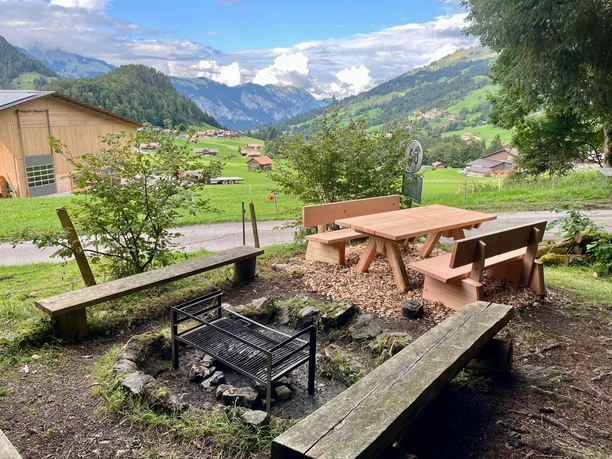 Fire pit with benches and tables