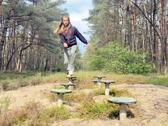 WesuweerWald_Aktiv-Pfad©NaturparkMoor_VSchepers.JPEG Frau balanciert auf Übungselementen entlang eines Naturpfads im bewaldeten Wesuweer Wald.