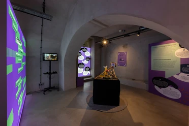 Blick in die Ausstellung Ein moderner Ausstellungsraum mit interaktiven Tafeln und Beleuchtung in einem Gewölbebogen.