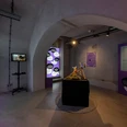 Blick in die Ausstellung Ein moderner Ausstellungsraum mit interaktiven Tafeln und Beleuchtung in einem Gewölbebogen.A modern exhibition space with interactive panels and lighting in a vaulted arch.
