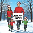 Weihnachtsmützenlauf.png Laufende Familie in Weihnachtsmützen hält Schild mit der Aufschrift „Anmeldung geöffnet“