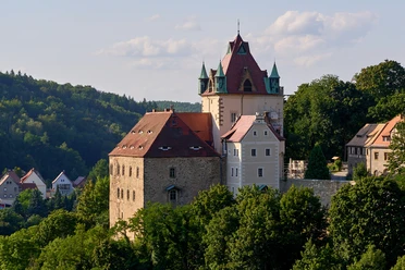 Castle on a hill surrounded by trees under a blue sky.