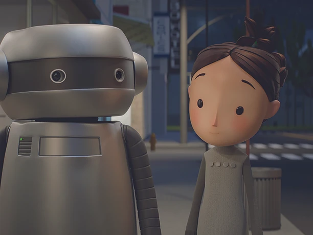 Film still for "Mission Starry Sky" A cartoon robot with a metal look stands in front of a shop window with a child with dark hair.