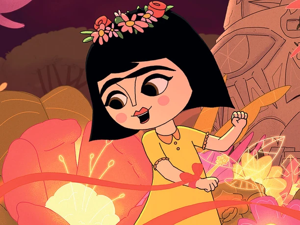 Filmstill zu "Hola Frida" Farbenfrohes, kindliches Zeichentrickmädchen mit Blumenkranz, von Pflanzen umgeben.