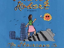 Illustration einer Person, die eine Treppe zum Erfolg hinaufsteigt, umgeben von Gebäuden und Sonne.