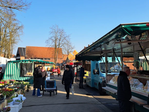 Wochenmarkt Fürstenau Verkaufsstände und Menschen auf einem Markt an einem sonnigen Tag mit blauem Himmel.