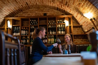 Eutin-Gastronomie-Bacchuskeller-Gewölbe.jpg Zwei Freundinnen stoßen mit Weingläsern im Gewölbe des Bacchuskellers in Eutin an