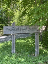 Streifzüge Schallerweiherweg Waldlehrpfad Das Bild zeigt ein Holzschild im Grünen, das auf den Waldlehrpfad der Stadt Weißenhorn hinweist.