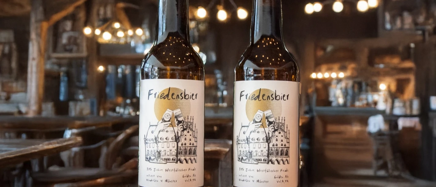 Beschwipster Nachtwächter (Hauptbild).jpg Two bottles of Friedelns beer stand in a rustic pub with atmospheric lighting.