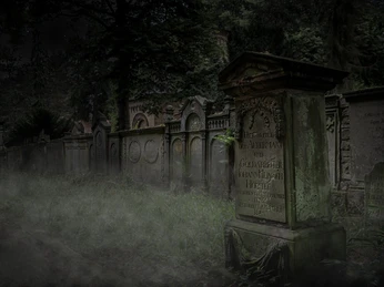 Galgen, Gräber & Ganoven (2).jpg Nebelverhangener, atmosphärischer Friedhof mit verwitterten Grabsteinen und einer mystischen Kulisse.Misty, atmospheric cemetery with weathered gravestones and a mystical backdrop.Tåget, stemningsfuld kirkegård med forvitrede gravsten og en mystisk baggrund.Mistige, sfeervolle begraafplaats met verweerde grafstenen en een mystieke achtergrond.