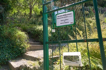 Entrance to the Bad Schandau Botanical Garden with steps, green fence and lush vegetation.