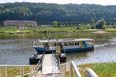 Ferry on the banks of the Elbe, with wooded hills in the background and a historic building on the river.