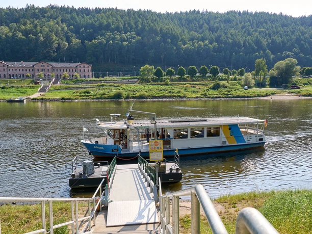 Fähranleger Elbbrücke gegenüber Bahnhof Bad Schandau Fähre am Ufer der Elbe, mit bewaldeten Hügeln im Hintergrund und einem historischen Gebäude am Fluss.
