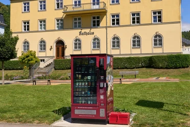Proviantomat Bad Schandau Elbkai Busbahnhof Verkaufsautomat vor historischer Rathausfassade in Bad Schandau, umgeben von Grünflächen.