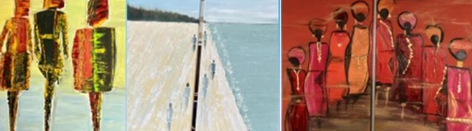 Insprirationen aus Afrika2.PNG Drei abstrakte Gemälde in kräftigen Rot-, Gelb- und Brauntönen.