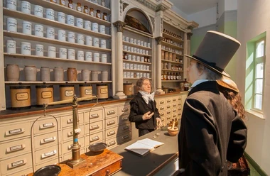 Historische Apotheke mit traditionellen Apothekerschränken und Gefäßen. Eine Wachsfigur steht im historischen Kostüm vor der Theke und eine dahinter.