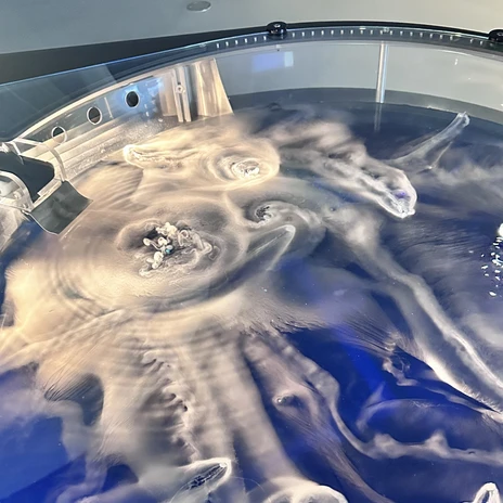 Icy Bodies erinnert an einen Kometenschauer, wenn Trockeneisstückchen in ein Wasserbecken fallen, sich drehen und dabei von wirbelndem Nebel begleitet werden.