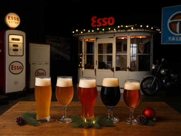 ChatGPT Image 12. Aug. 2025, 00_21_11.png Five beer glasses on table, background shows old Esso gas station with Christmas decorations.