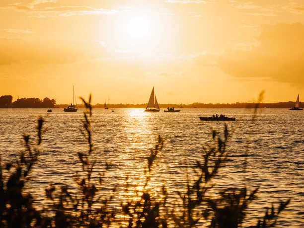 Sailboats on a lake at sunset, gentle waves, a golden sky.
