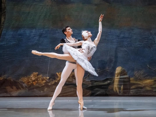 Schwanensee.jpg Das Bild zeigt zwei Tänzer der Aufführung Schwanensee. Der Tänzer trägt schwarze Kleidung, die Tänzerin ist weiß gekleidet