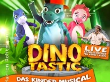 Bunte Dinosaurier in Kostümen posieren vor einer Bühne für das interaktive Kindermusical "Dino Tastic".