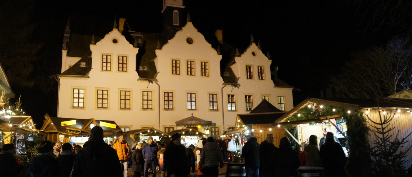 Atmospheric Christmas market scene in front of a historic building at night.